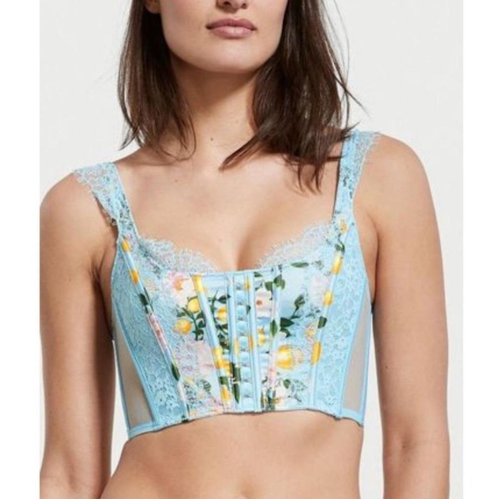 Victoria's Secret Baby Blue Lemon and Lace Corset Style Cropped Bustier Sz M